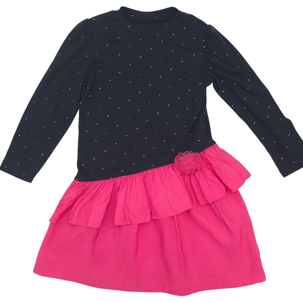 Girls Polka Dot Ruffle Tiered Dress Navy Pink Floral Accent Size 5/6 Long Sleeve